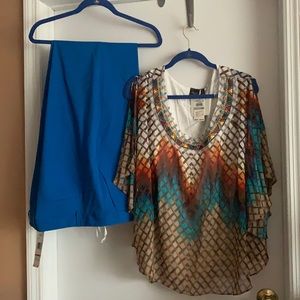 NEW Royal blue pants w/complementary print blouse